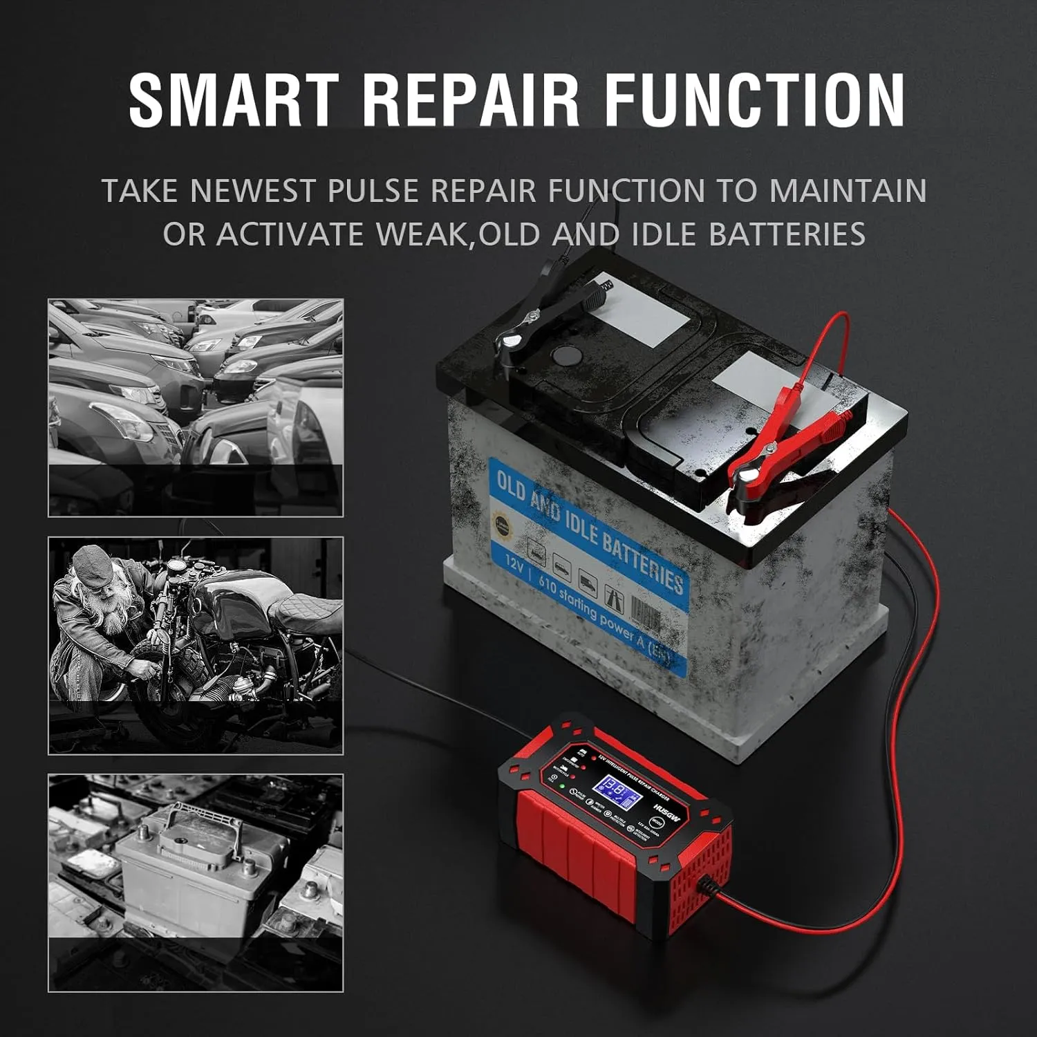 Husgw 12V6A Cargador de batería,Cargador de batería Inteligente con función de reparación automática y Pantalla LCD,Cargador de 