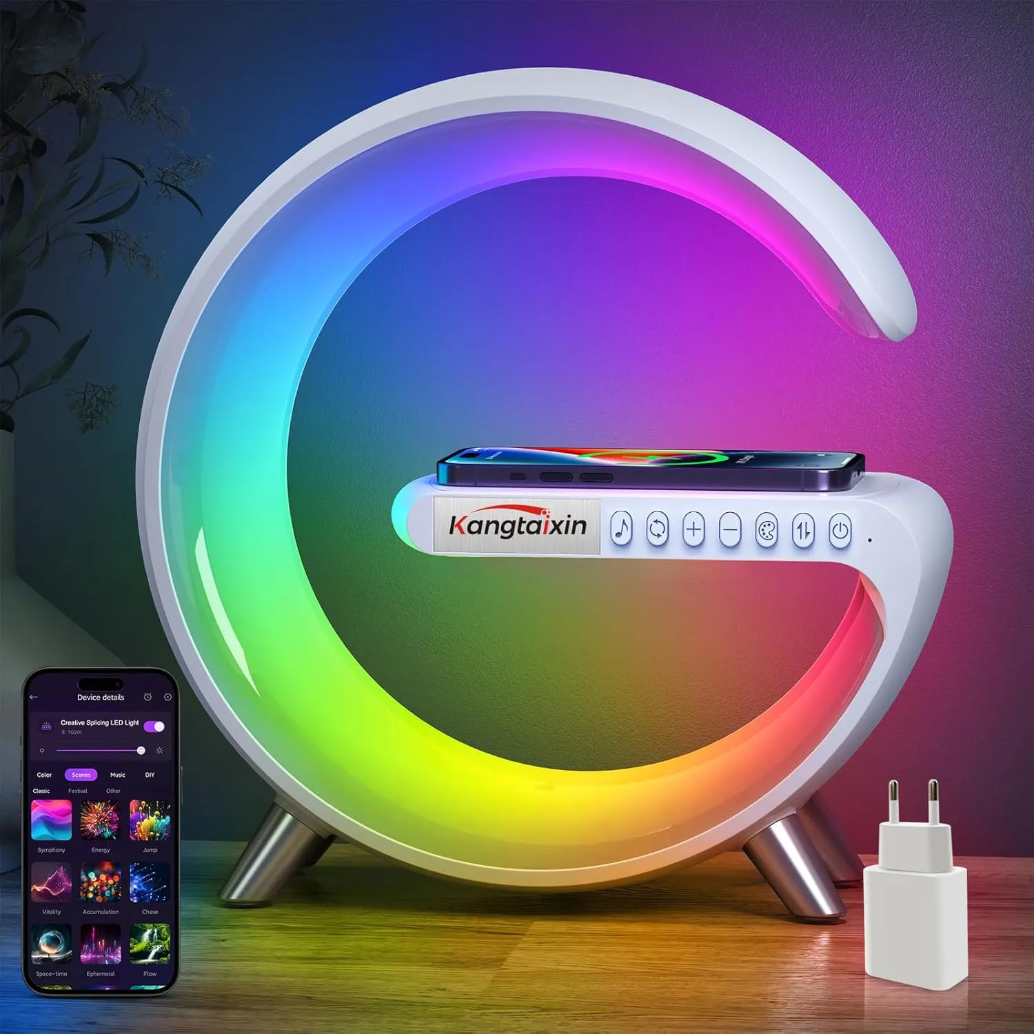 Kangtaixin Luz de Noche con Cargador Inalámbrico, Estilo G - Lámpara de Mesa junto a la Cama, Control de APP Inteligente RGB de 